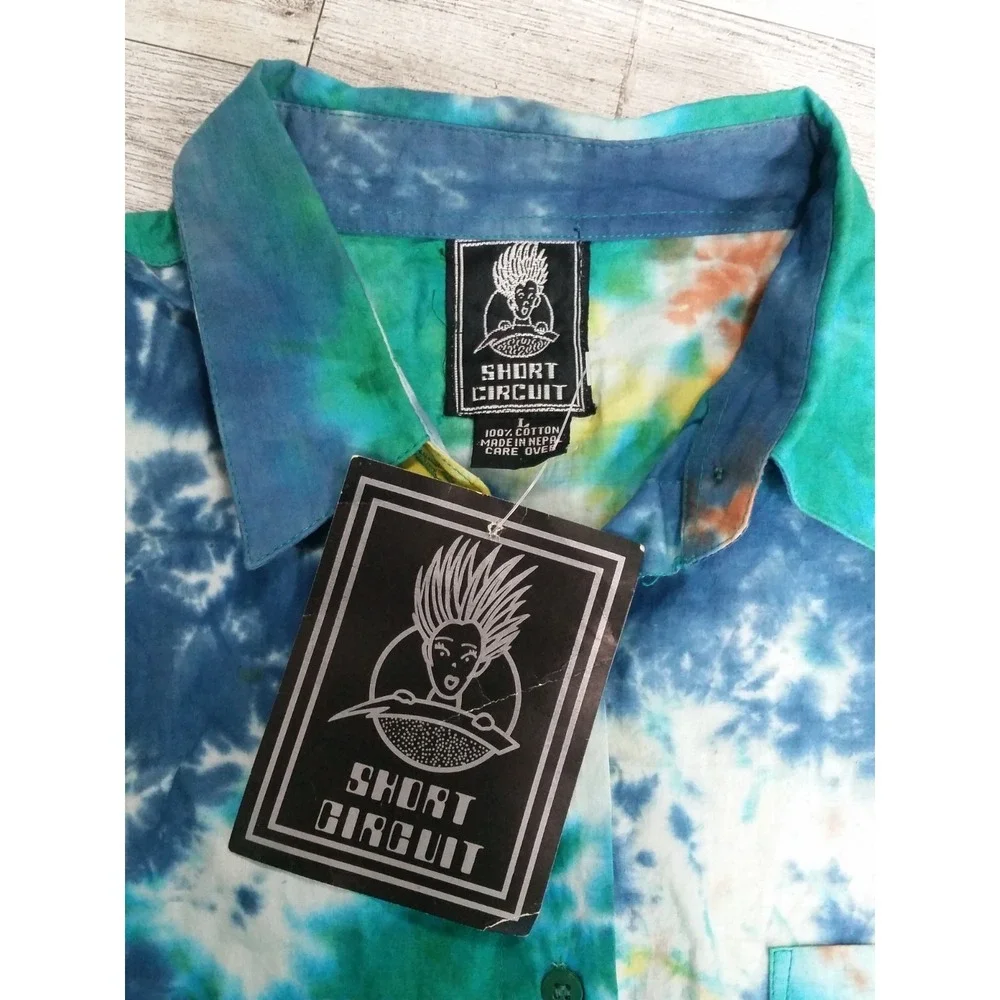 Vintage NEW Short Circuit Tie Dyed Long Sleeve Button Down Shirt Shoulder Pads L